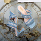 Denim women slippers with new rhinestone plush stiletto heels