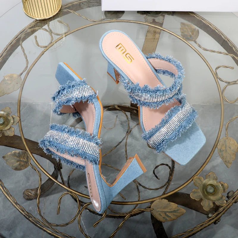 Denim women slippers with new rhinestone plush stiletto heels
