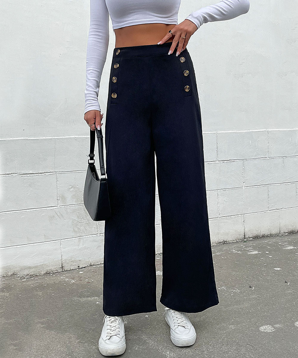 DressBetty - Black Double Button Wide Leg Pants