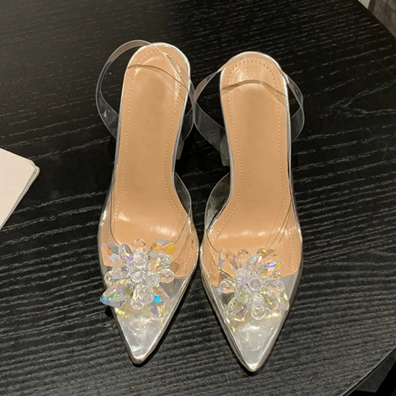 Sexy Crystal Flower PVC Slingback High Heels for Women in Summer