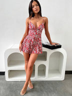 Floral Print Spaghetti Strap Deep V-Neck Surplice Pleated Fit and Flare Mini Dress