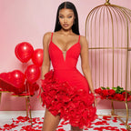 Deep V Neck Mesh Insert 3D Floral Ruffle Asymmetrical Hem Mini Dress