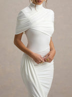 High Neck Diamond Open Back Ruched Cape Sleeve Asymmetric Hem Midi Dress