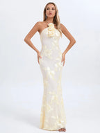 Ysabella Floral Applique Mesh Halter Gown