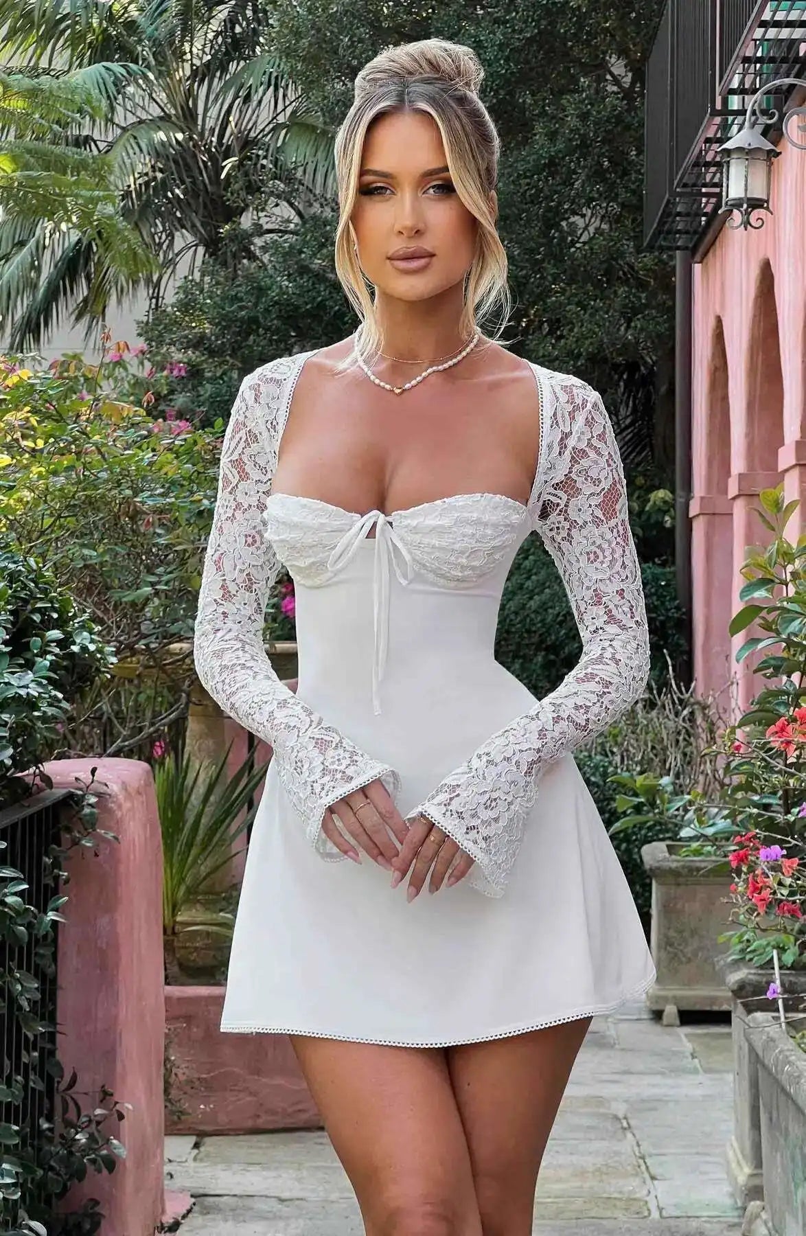 Lace Long Sleeve Open Back Lace Up Smocked Corset Back Mini Dress