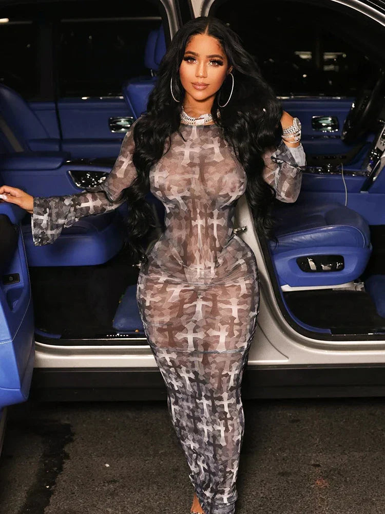 Sheer Mesh Cross Print Boat Neck Long Sleeve Bodycon Maxi Dress