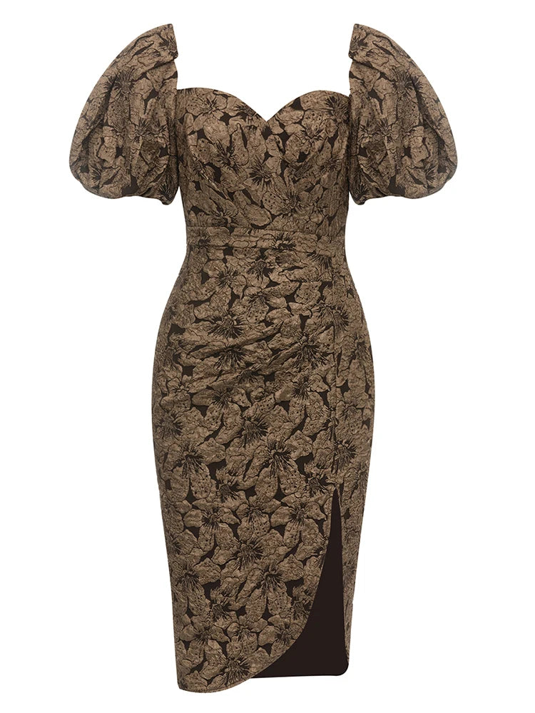 Eira Jacquard Fabric Midi Dress with Puff Sleeves