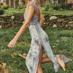 Lace Bralette Midriff Cut Out Floral Mesh Side Panel Slim Maxi Dress