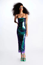 Large Sequin Disk Spaghetti Strap Square Neck Column Midi Dress