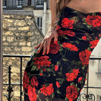 Large Scale Floral Print Spaghetti Strap Sheer Skirt Bodycon Maxi Dress
