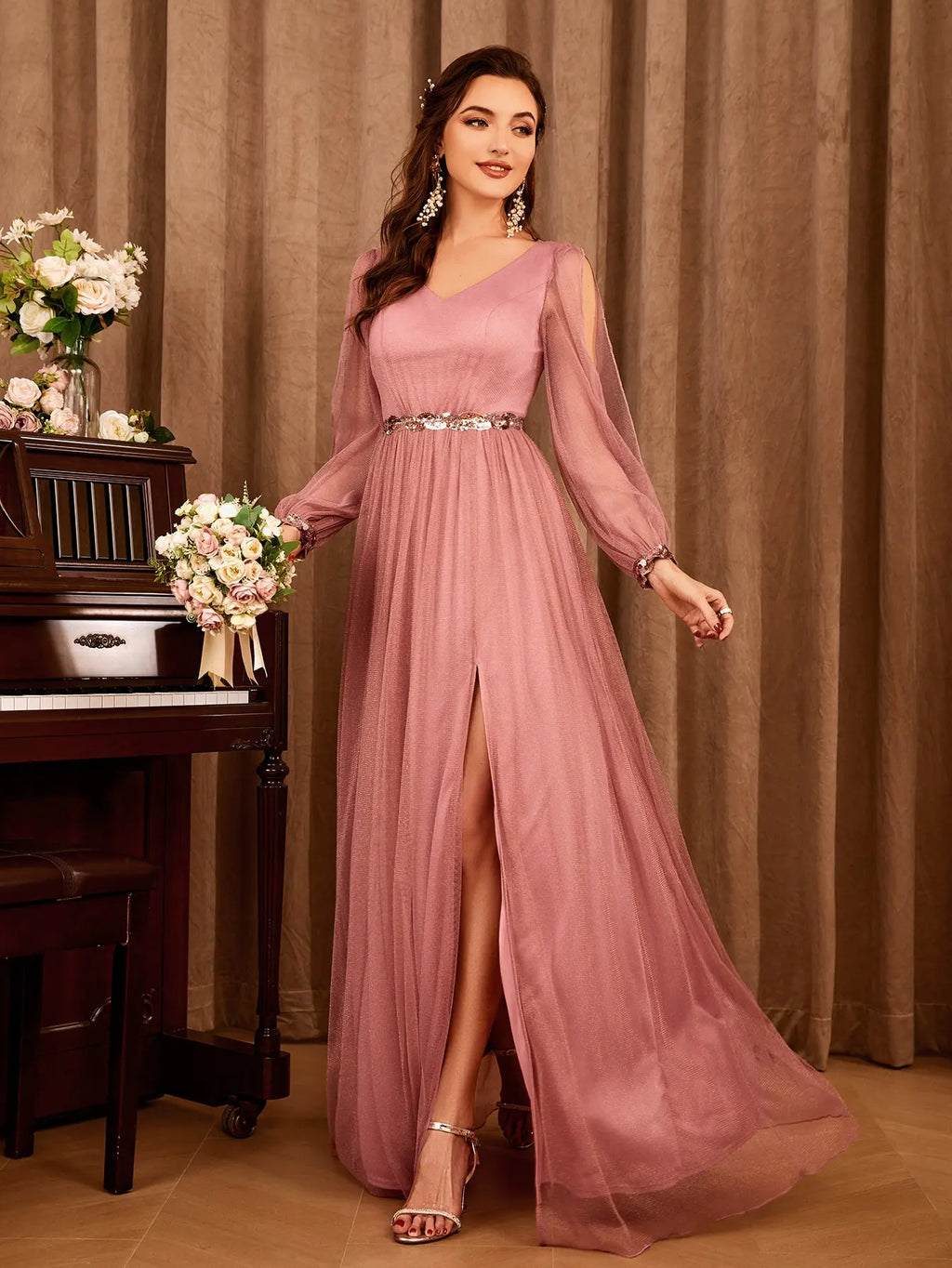 Cold Shoulder Bishop Sleeve Sequin Waist High Slit Chiffon Maxi Gown