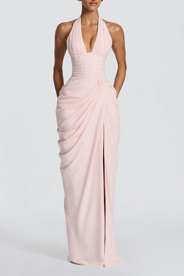 Minette Halter Back Lace-up Asymmetrical Pleats Slit Maxi Dress
