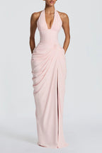 Minette Halter Back Lace-up Asymmetrical Pleats Slit Maxi Dress