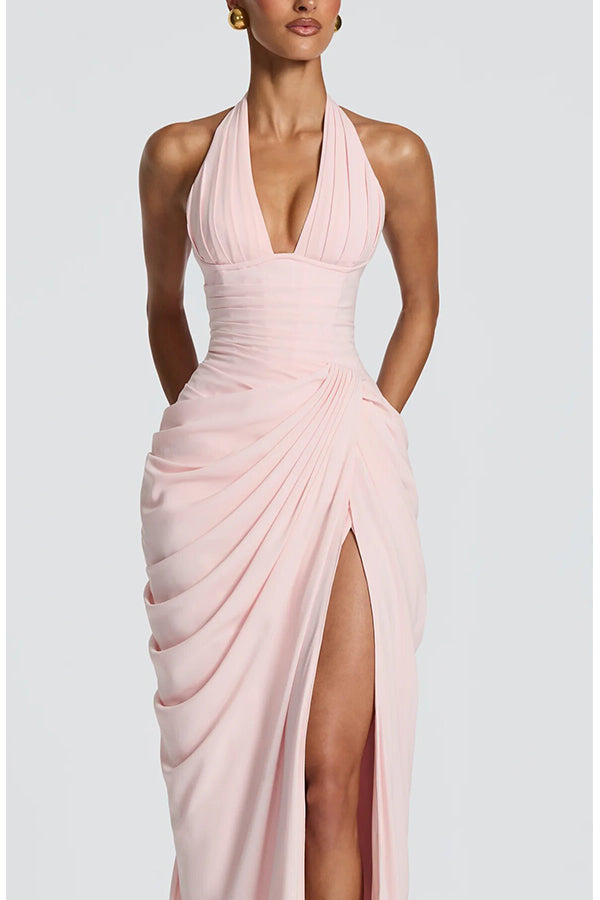 Minette Halter Back Lace-up Asymmetrical Pleats Slit Maxi Dress