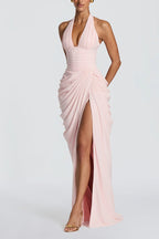 Minette Halter Back Lace-up Asymmetrical Pleats Slit Maxi Dress
