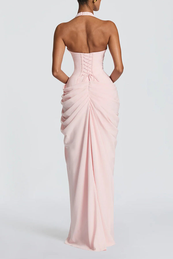 Minette Halter Back Lace-up Asymmetrical Pleats Slit Maxi Dress