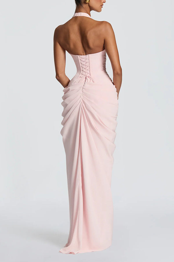 Minette Halter Back Lace-up Asymmetrical Pleats Slit Maxi Dress