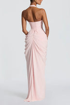 Minette Halter Back Lace-up Asymmetrical Pleats Slit Maxi Dress