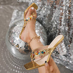 Gem Rivet Women Slippers Sandals with Transparent Low Heels