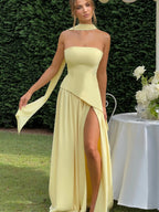 Strapless Asymmetric Hem Pleated Skirt Scarf Neck High Slit Maxi Gown