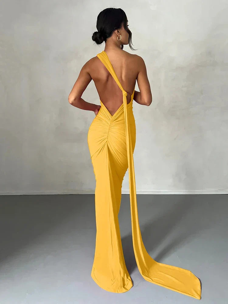 Halter Neck Open Back Draped Sash Ruched Ring Detail Maxi Dress