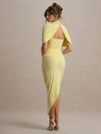 High Neck Diamond Open Back Ruched Cape Sleeve Asymmetric Hem Midi Dress