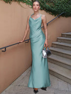 Satin Cowl Neck Halter Strap Diagonal Drape Ruched Maxi Dress
