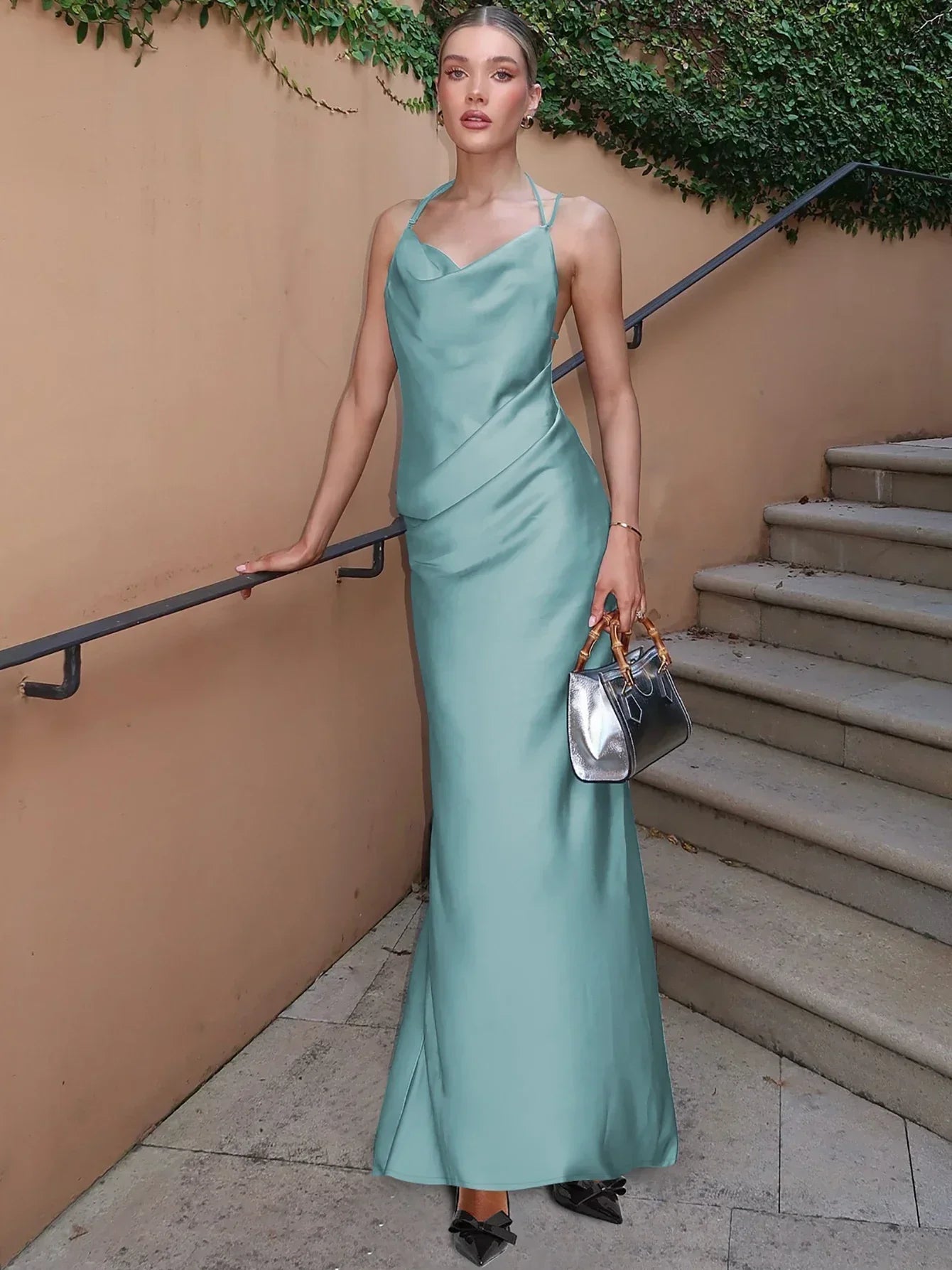 Satin Cowl Neck Halter Strap Diagonal Drape Ruched Maxi Dress