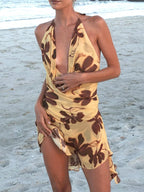 Tropical Floral Print Halter Deep V-Neck Ruffle Hem Mini Dress