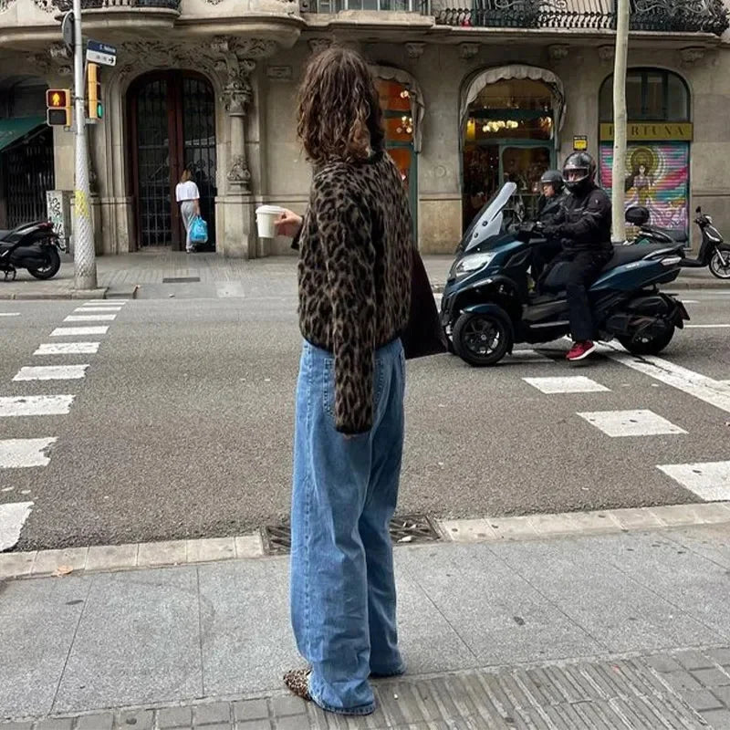 Vintage Leopard Print Knitted Mohair Cardigans Women O Neck Single Breasted Short Sweater Autumn New Lady Casual Streetwear