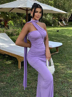 One Shoulder Ruched Bodycon Long Sash Drape Maxi Gown