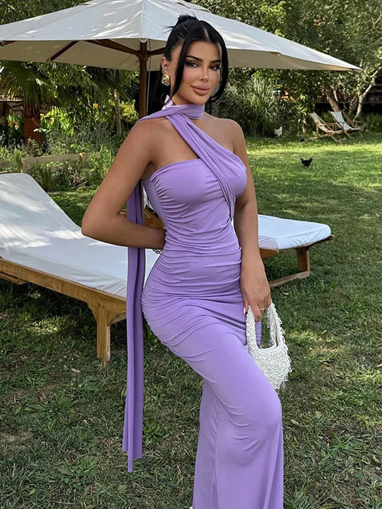One Shoulder Ruched Bodycon Long Sash Drape Maxi Gown