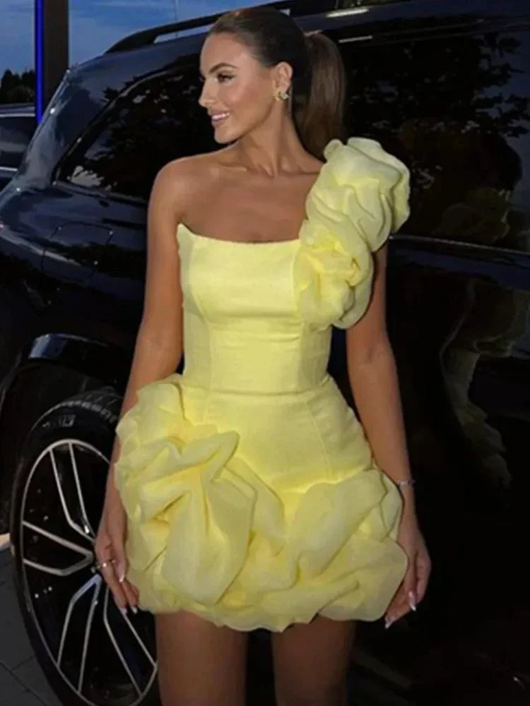 One Shoulder 3D Floral Rosette Organza Ruffle Bubble Hem Mini Dress