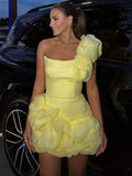 One Shoulder 3D Floral Rosette Organza Ruffle Bubble Hem Mini Dress