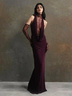 Turtleneck Pleated Gloves Backless Lace Dress