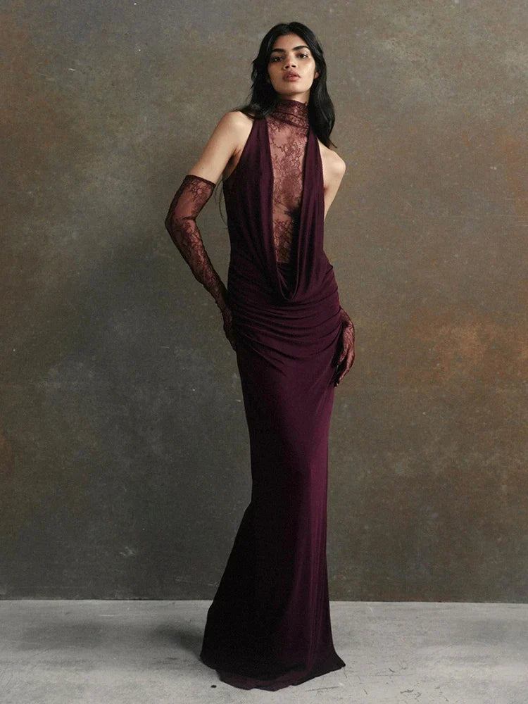Mock Neck Lace Panel Cowl Plunge Ruched Draped Lace Glove Maxi Gown
