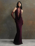 Mock Neck Lace Panel Cowl Plunge Ruched Draped Lace Glove Maxi Gown