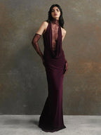 Mock Neck Lace Panel Cowl Plunge Ruched Draped Lace Glove Maxi Gown