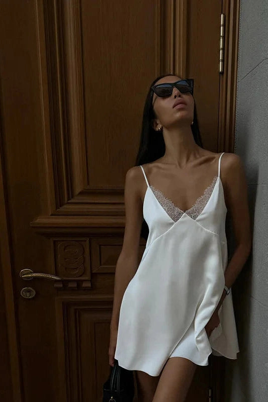 V-Neck Spaghetti Strap Backless Mini Dress with Lace Detail
