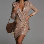 Sequin Deep V-Neck Long Sleeve Wrap Ruched Tulip Hem Mini Dress