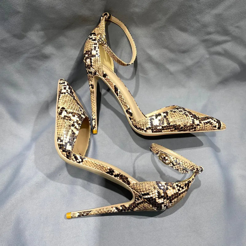 Beige Brown Snakeskin Pointy Toe Ankle Strap High Heel Shoes for Women