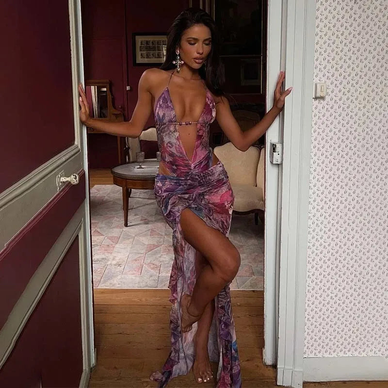 Halter Plunging Neck Cut Out Waist High Slit Ruffle Hem Maxi Dress