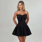 Pearl Trim Neckline Princess Seam Oversized Bow Back Fit and Flare Mini Dress