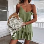 Spaghetti Strap Ruffle Cotton Linen Off Shoulder Slip Dress