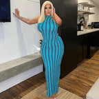 Striped Textured Rib Knit Halter Neck Bodycon Maxi Dress