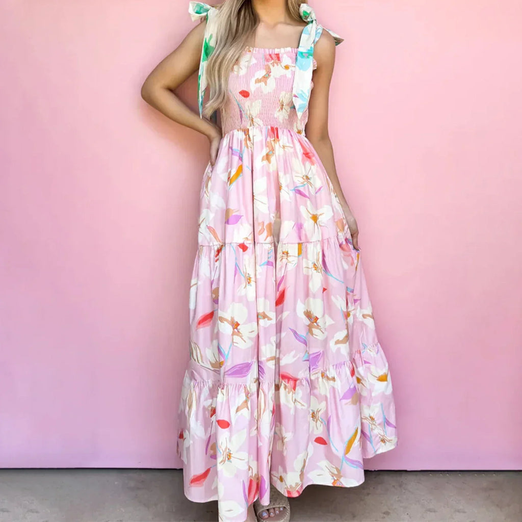 Smocked Square Neck Tie Strap Tiered Floral Maxi Dress