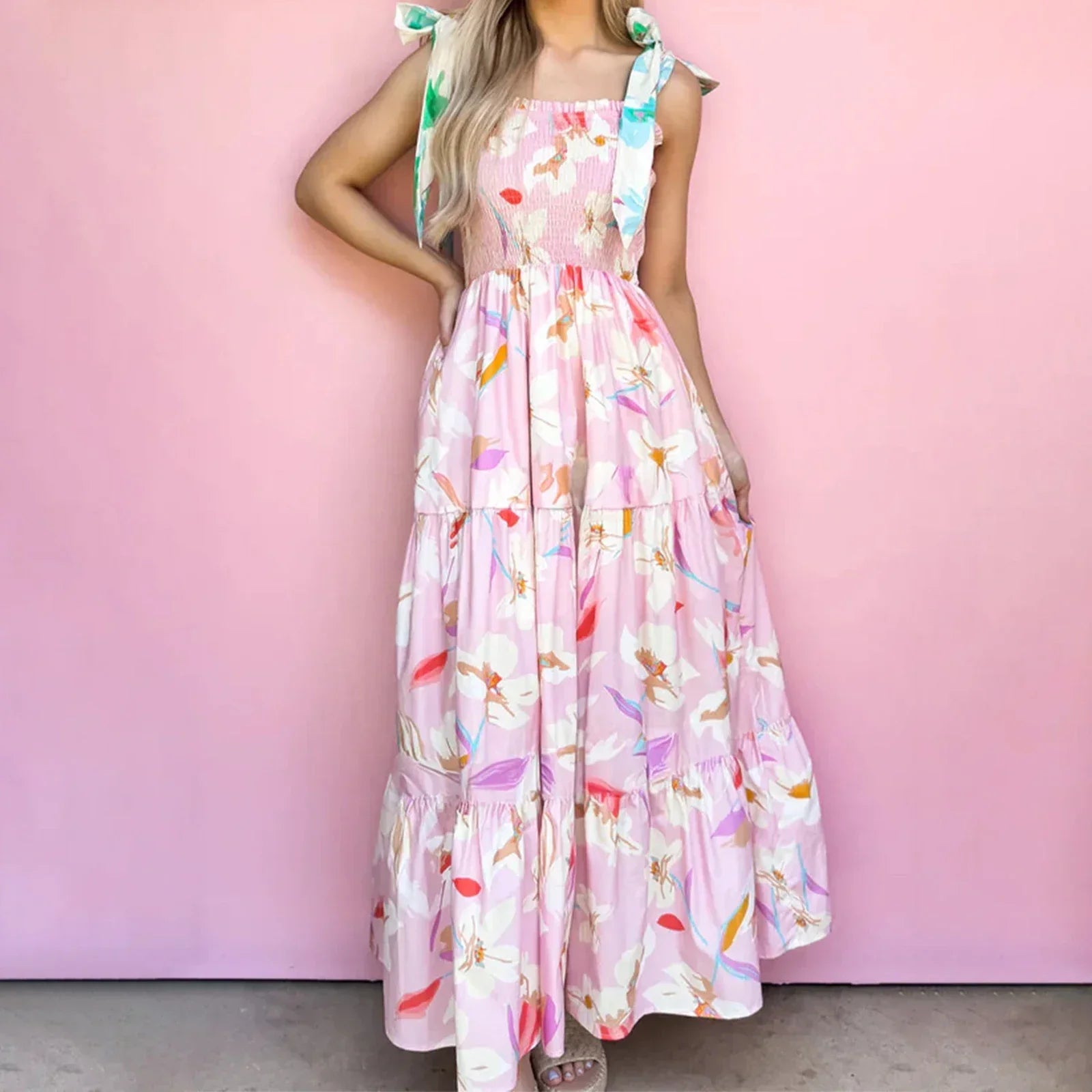 Smocked Square Neck Tie Strap Tiered Floral Maxi Dress