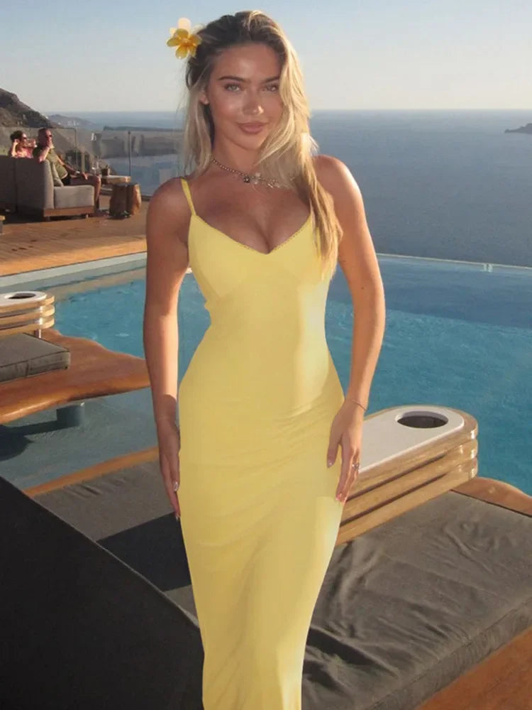 Spaghetti Strap Deep V-Neck Bodycon Midi Dress