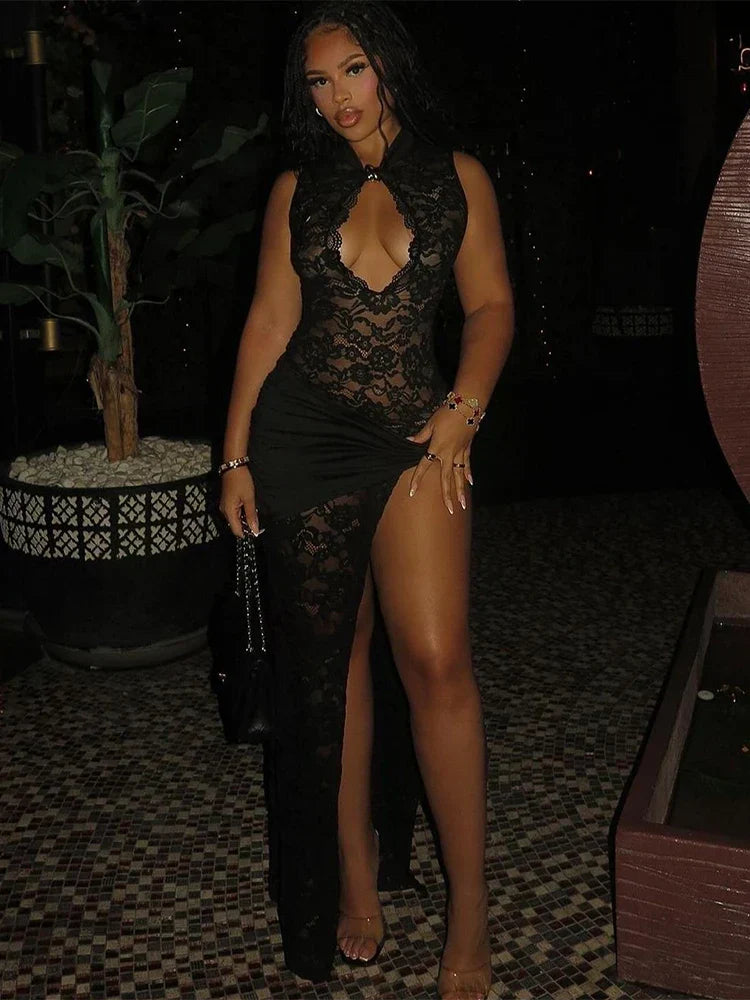Mock Neck Keyhole Floral Lace Sheer Ruched Waist High Slit Maxi Gown