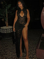 Mock Neck Keyhole Floral Lace Sheer Ruched Waist High Slit Maxi Gown